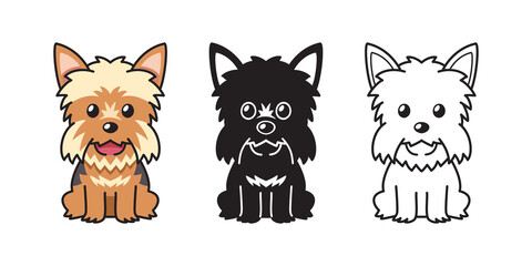 Vector cartoon set of yorkshire terrier dog for design.