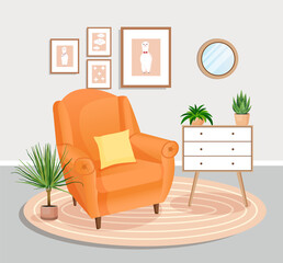 Cute gray interior with modern furniture and plants. Design of a cozy living room with soft armchair, plants, pictures, carpet, mirror, dresser. Vector flat style illustration.