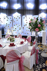 luxury wedding rom banquet sit down buffet party dining catering with flower decoration fusion halal menu at beautiful hotel restaurant vip ballroom