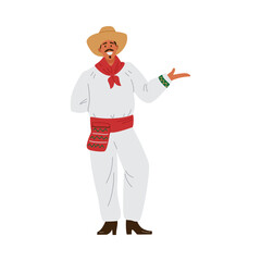 Mexican man dressed as Mexican peasant, flat vector illustration isolated.