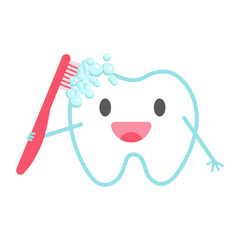 Funny cartoon tooth brushing itself with big red toothbrush. Happy smiling clean tooth character. Illustration for babies, kids and children. Print for book, magazine, dental clinic, hospital, school.