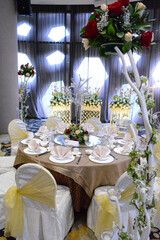 luxury wedding rom banquet sit down buffet party dining catering with flower decoration fusion halal menu at beautiful hotel restaurant vip ballroom