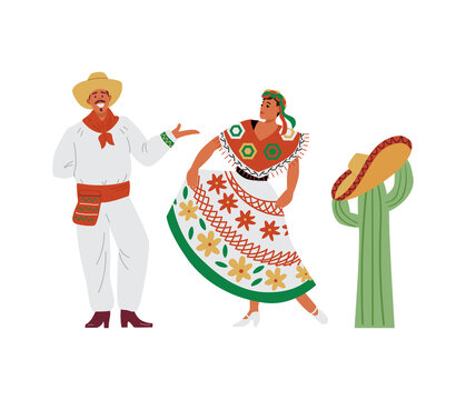 Mexican people in folk costumes of peasants flat vector illustration isolated.