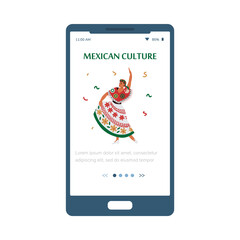 Mexican culture onboarding page with woman in dress, flat vector illustration.