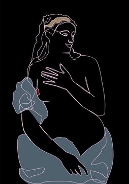 A girl in the Renaissance style stands with her hand on her chest. In a blue toga. One Line Art. On the black background.