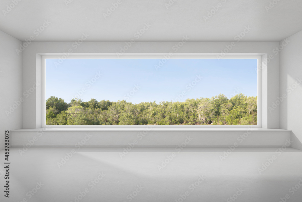Fototapete 3d render of empty concrete room with large window on nature background.
