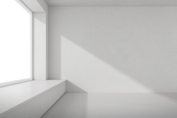 3d render of empty concrete room with large window on white background.