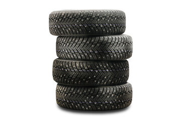 Fototapeta na wymiar winter studded tires isolate product four pieces stack on a white background