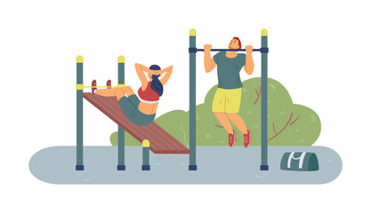 People doing sports workout outdoors or in park, vector illustration isolated.