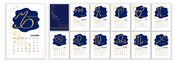 Astrology Wall Monthly Calendar 2022. Vertical photo calendar Layout for 2022 year in English with zodiac signs, star, moon on blue sky. Cover Calendar, 12 months templates. Monday week start. Vector
