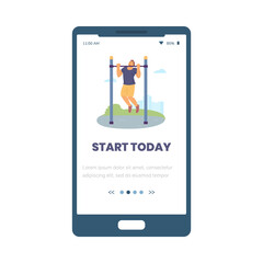 Sport app onboarding page with man performs pull-ups, flat vector illustration.