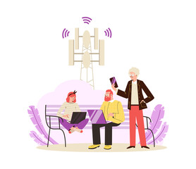 People using internet signal of 5G tower, flat vector illustration isolated.