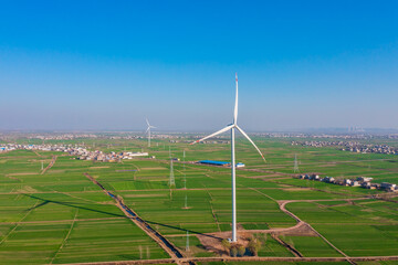 Aerial view of wind power in the Chinese countryside.