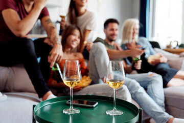 Two glasses of wine and friend at home