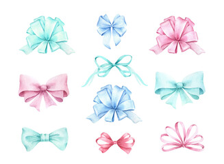 Multi Colored bows.Hand painted set of  bows isolated on white background.
