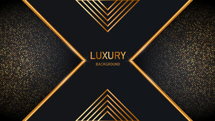 Dark abstract background with black overlap layers. Realistic texture with light effect and golden glitters dots element decoration.