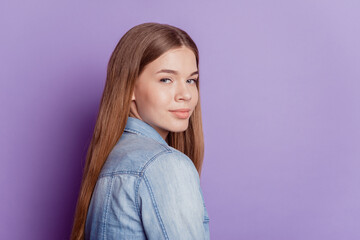 Fototapeta premium Close up photo of tender inspired pretty girl look camera on violet background