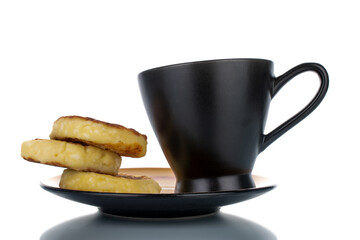 Several fragrant homemade cheesecakes with ceramic dishes, close-up, isolated on white.
