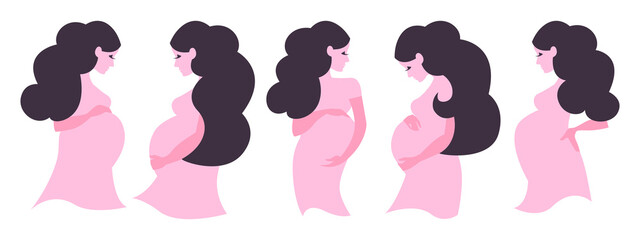 Silhouette pregnant mother set. Newborn baby shower element design for greeting card. Vector illustration of beautiful pregnancy mother background. Motherhood banner