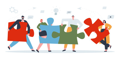 The concept of teamwork. Four people connect the puzzle pieces into one . Flat vector illustration of people. 