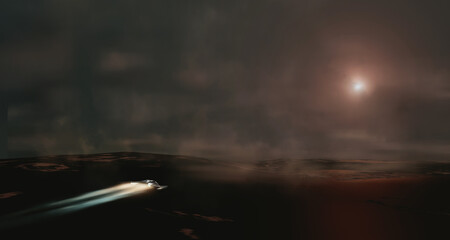 Spaceship flying in dark foggy landscape with mountain. Cinematic look background, 3D illustration © Space Creator