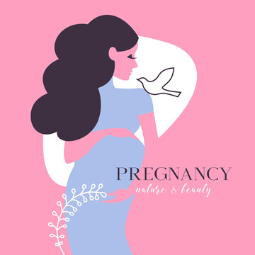Silhouette pregnant mother. Newborn baby shower greeting card. Vector illustration of beautiful pregnancy mother background. Motherhood banner
