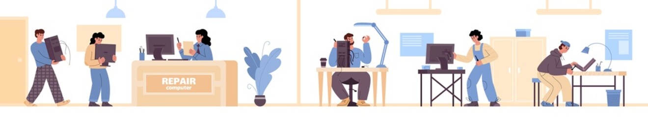 Banner with computer repair service repairmen flat vector illustration isolated.