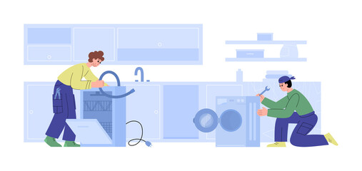 Workers of repair service repairing washing machine and dishwasher at kitchen.
