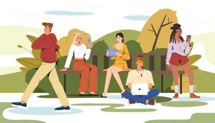 Obraz premium Flat illustration of young people sitting on bench in city park and using tablet, phone, laptop. Man walking outdoors and talking on smartphone. Smiling modern characters working, learning or chatting