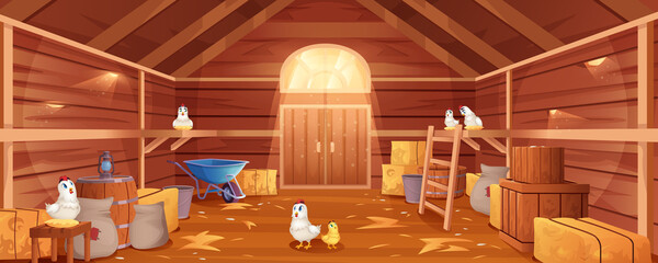 Cartoon barn interior with chickens, straw and hay. Farm house inside view. Traditional wooden ranch with haystacks, sacks, gate and window. Old shed building with hen nests and garden tools. © redgreystock