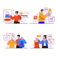 Shopping people concept scenes set. Customers choose clothes on store website, buy at discount price, pay for online purchases at mobile app. Vector illustration collection in trendy flat design