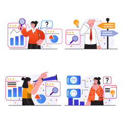 Searching opportunities concept scenes set. People looking for vacancies in company, finding job, HR management, recruiting, human resources. Vector illustration collection in trendy flat design