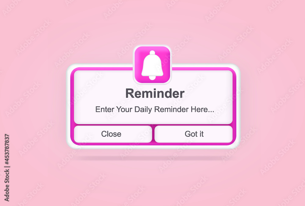 Poster pink reminder in 3d design mockup. notifications. web banner. concept web design, website page devel