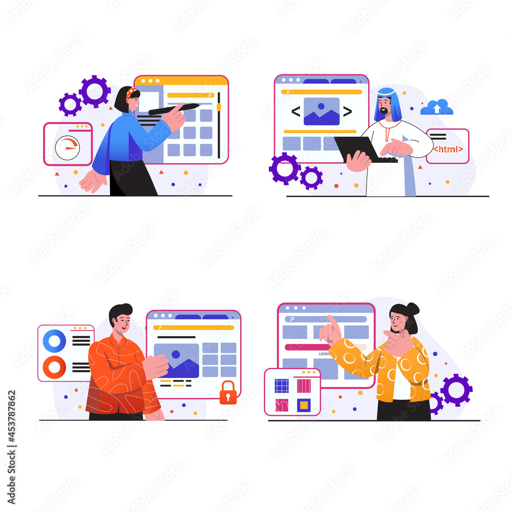 Poster web design concept scenes set. people create webpage layout, designers place graphic elements, devel