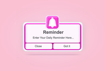 Pink reminder in 3d design mockup. Notifications. Web banner. Concept web design, website page development. Email marketing, online advertising concept. Calendar reminder - obrazy, fototapety, plakaty