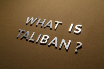 the question what is taliban laid with silver metal letters on rough tan khaki canvas fabric