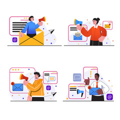 Email marketing concept scenes set. People make promotional mailings, sending emails to customers, online promotion and successful marketing. Vector illustration collection in trendy flat design