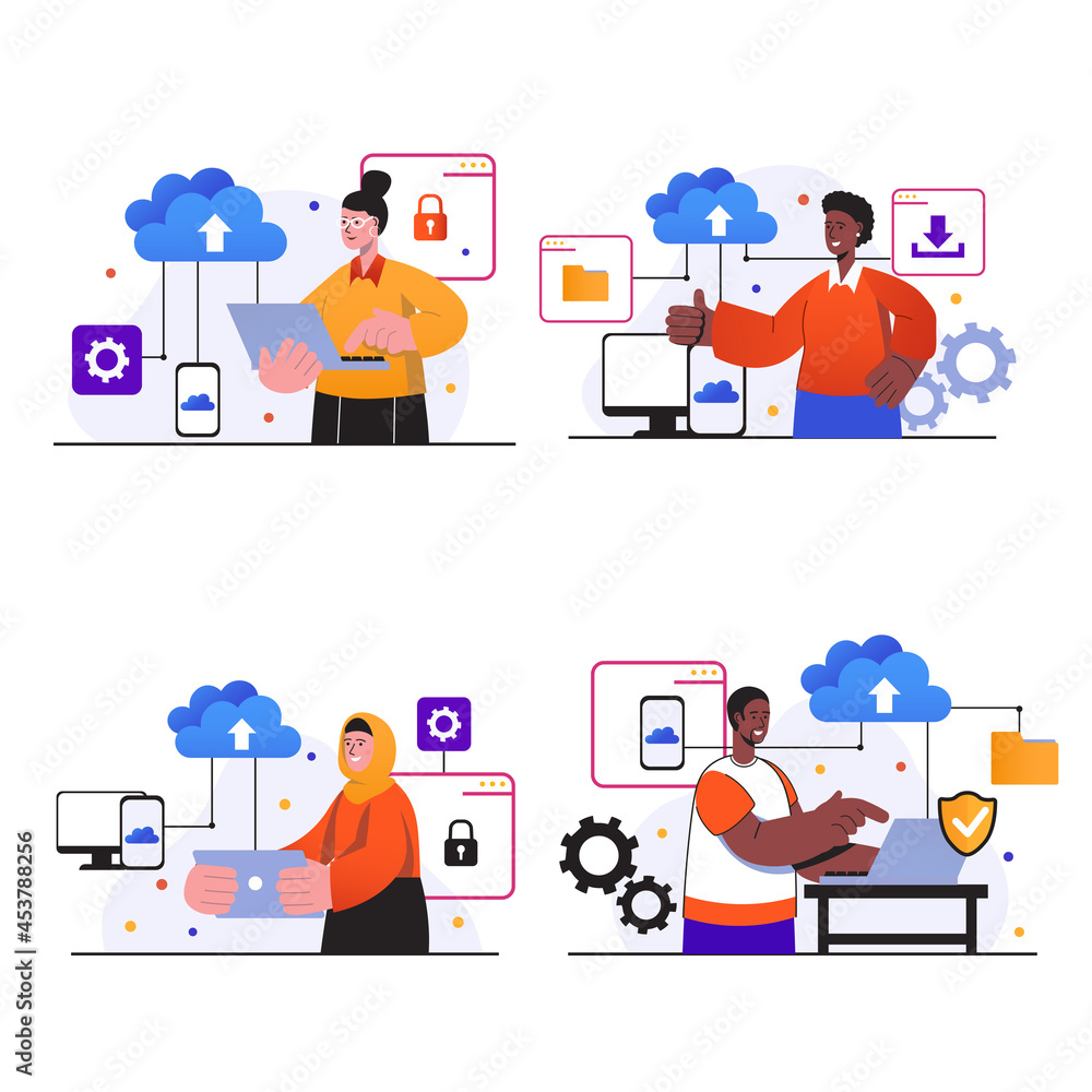 Aufkleber cloud computing concept scenes set. people with laptops or smartphones using cloud storage, upload f
