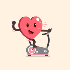 Cartoon heart character riding exercise bike for design.