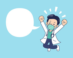 Cartoon happy male doctor wearing protective mask and speech bubble for design.