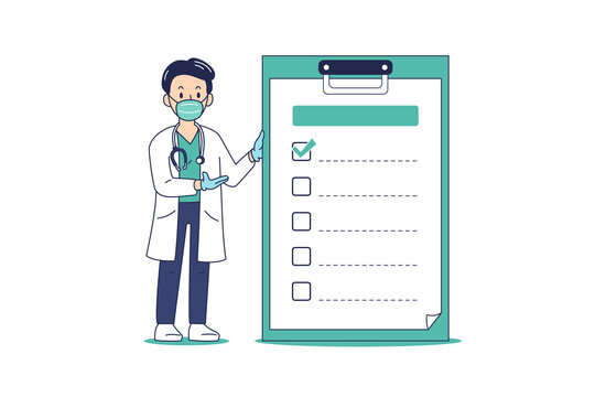 Cartoon male doctor wearing protective mask with checklist on clipboard for design.