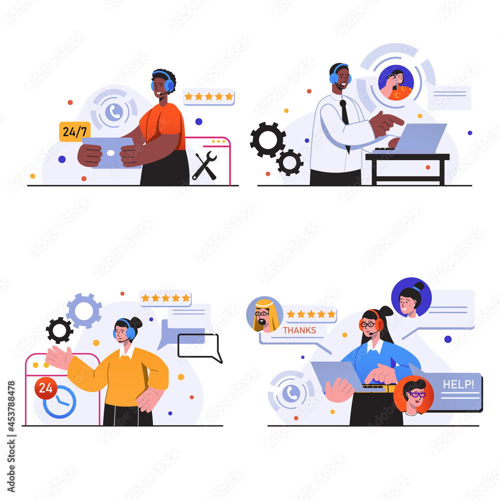 Poster customer service concept scenes set. people in headsets consult customers, solve technical issues, a