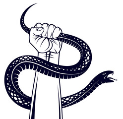Hand squeezes a snake, fight against evil, control your dark side, internal conflict, archetype shadow, life is a fight concept, vintage vector logo or tattoo.