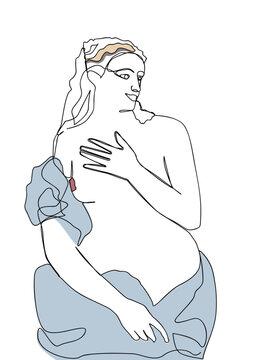 A girl in the Renaissance style stands with her hand on her chest. In a blue toga. One Line Art. On the white background.