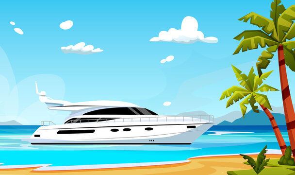 Luxury yacht is parked near a beach with palms. Horizon with clouds in the background. Concept of expensive seacraft. Vector graphic illustration
