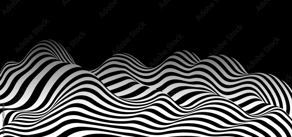 Aufkleber 3d black and white lines in perspective abstract vector background, linear perspective terrain patte
