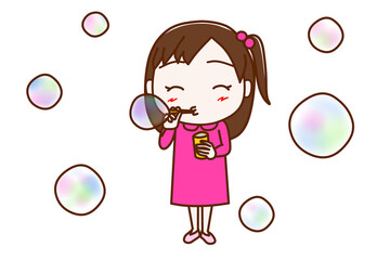 ＜全身・正面＞笑顔でシャボン玉を楽しむ少女