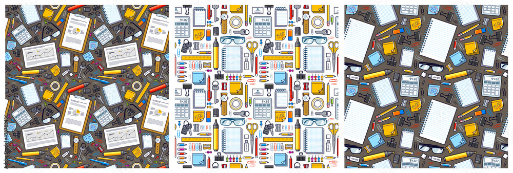 Poster work office desk top view with a lot of different stationery elements seamless vector wallpaper set,