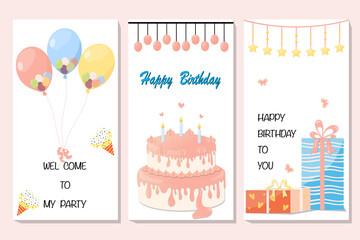 Birthday set vector illustration, colorful sweet cake.