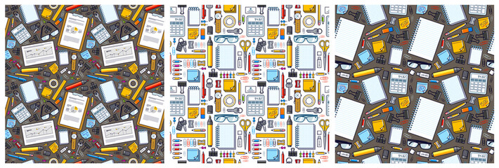 Work office desk top view with a lot of different stationery elements seamless vector wallpaper set, business job theme image with diversity objects illustrations pic.